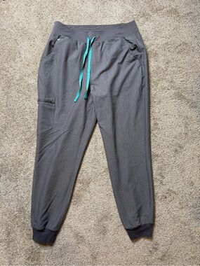 Figs Women's Gray Charcoal Jogger Scrub Pants with Teal Drawstring Large